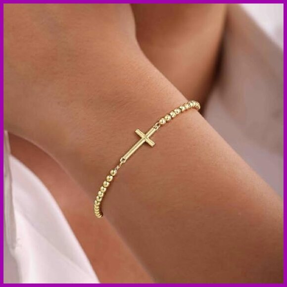 Sterling Silver Gold Plated Cross Bracelet Adjustable Religious Jewelry - Picture 5 of 8